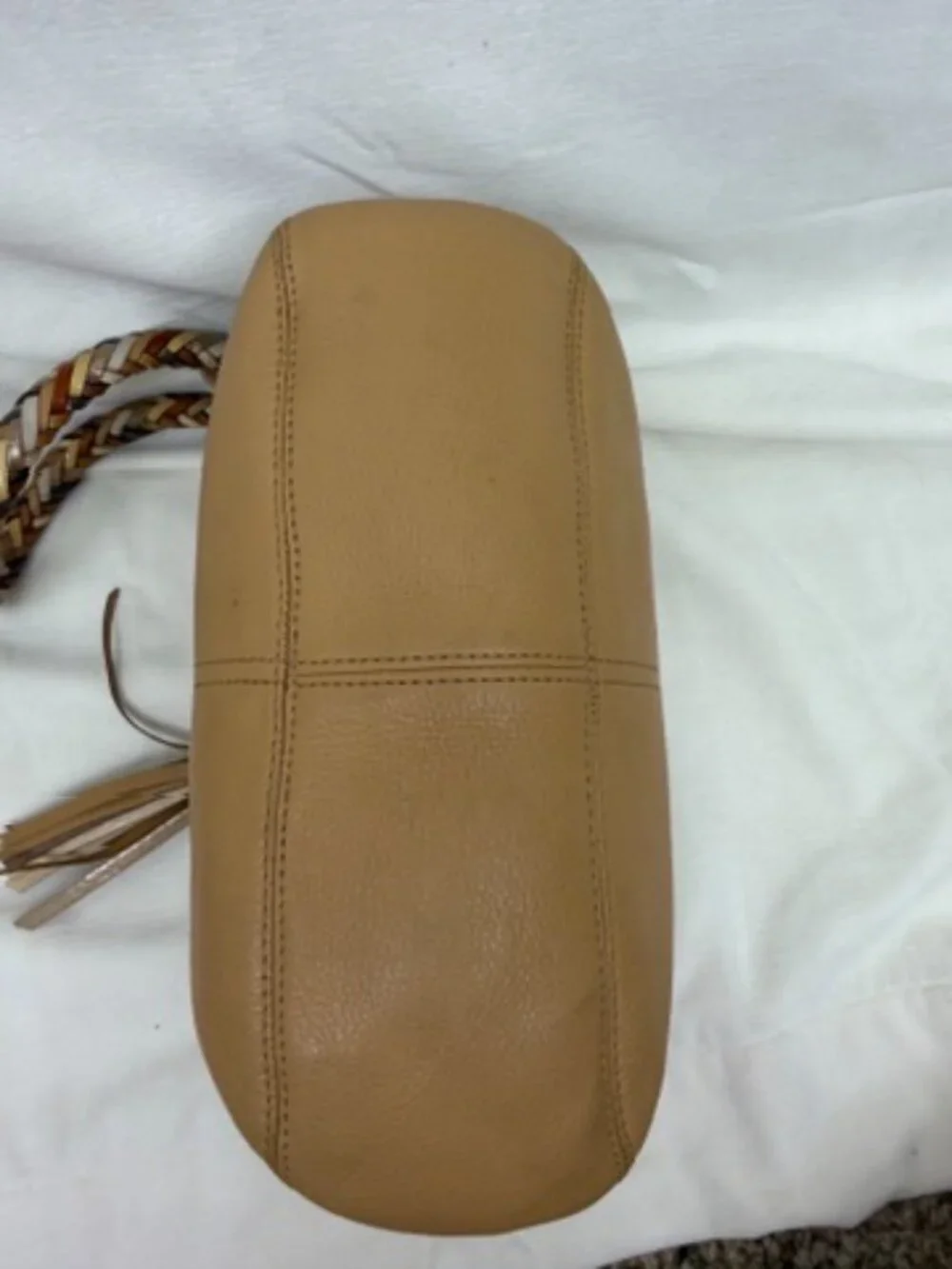 Brighton Barbados Tan Pebbled Leather Braided Shoulder Hobo Bag Tassel F145037